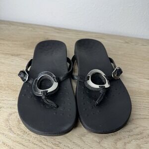 Vionic Karina Black Leather Silver Circle Thong Flip Flop Sandals Womens Size 8